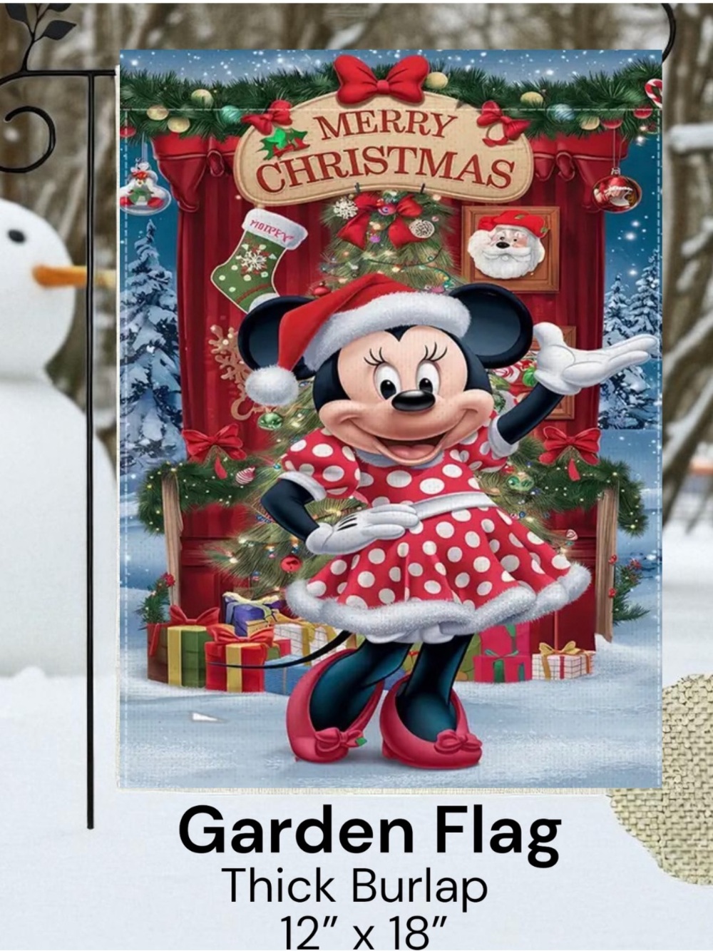 Minnie Mouse Christmas Garden Flag, Approximately 12x18 inches, Burlap